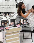 Professional Rolling Makeup Case with Wheels, 5-in-1 Makeup Train Case, Cosmetic Makeup Trolley Cart Travel Cosmetology Case On Wheels with Key for Hairstylists, Nail Tech (Gold Crystal)