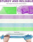 UJFQBH 4 Pieces African exfoliating net African Net Long Net Bath Sponge Exfoliating Shower Body Scrubber Back Scrubber Skin Smoother,Great for Daily Use (Purple, Blue, Green, White)