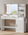 YITAHOME Large Makeup Vanity Desk with Mirror and Lights, Fluted Vanity Table with 2 Drawers & Adjustable Shelves, Makeup Mirror in 3 Modes Lighting, Dressing Table Set w/Charging Station, White