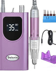 Delanie Professional Nail Drill High Torque 35000 RPM Rechargeable Portable Electric Nail File Filer for Acrylic Gel with Cuticle Bits, Salon Manicure Tool, Purple