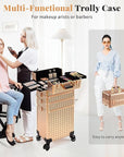 AROUS 5 in 1 Rolling Makeup Train Case Cosmetology Case on Wheels Large Cosmetic Organizer Travel Cart for Hairstylist Artist Nail Beauty Salon Barber,Gold