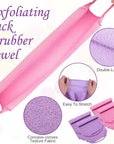 Moukeren Exfoliating Back Scrubber with Handles 4 Pack Nylon Back Exfoliator Extended Length Washers Scrubbers Stretchable Pull Strap Exfoliating Washcloth(Pink, Purple)