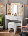 Haewon White Makeup Vanity Desk with Mirror and Lights, Small Vanity Table Set with Power Outlets, Storage Drawers and Chair, Dressing Table with 10 LED Bulbs and 3 Color Lighting Modes for Bedroom
