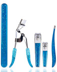 TRIM Azure Collection Bundle – for Removing Hair, Curling Lashes, Clipping & Filing Nails – Includes Slant Tip Tweezers, Eyelash Curler, Nail Clipper Set & Laser Cut Nail File – Blue Glitter Sparkle