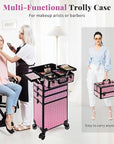 AROUS 5 in 1 Rolling Makeup Train Case Cosmetology Case on Wheels Large Cosmetic Organizer Travel Cart for Hairstylist Artist Nail Beauty Salon Barber,Pink