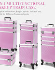 5 in 1 Professional Makeup Train Case Aluminum Cosmetic Case Rolling Makeup Case ExtraLarge Storage Organizer with Key Swivel Wheels Salon Barber Case for Make Up Nail Hairstylists, Pink