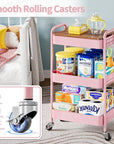 TOOLF 3-Tier Rolling Cart with Table Top, Metal Storage Cart on Wheels, Utility Organizer with Wooden Tray, Lockable Casters, Easy Assembly for Bathroom, Living Room, Office, Bedside, Pink