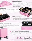 AROUS 5 in 1 Rolling Makeup Train Case Cosmetology Case on Wheels Large Cosmetic Organizer Travel Cart for Hairstylist Artist Nail Beauty Salon Barber,All Pink