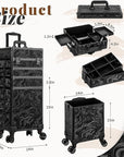 Profesional Rolling Makeup Train Case with Lid, 5 in 1 Cosmetology Case on Wheels, Large Cosmetic Trolley Organizer Travel for Hairstylist Artist Nail Beauty Salon Barber, Black Ink