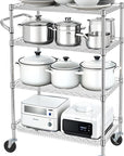 Finnhomy 4 Tier Heavy Duty Commercial Grade Rolling Cart with Handle Bar, Metal Wire Utility Cart with Wheels, Service Trolley on Wheels, Shelf Size 18" D x 30" W, NSF Listed, Chrome