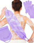 Anezus Exfoliating Back Scrubber Bath Gloves Set, Exfoliating Shower Towel with Shower Gloves for Body Scrub, Back Cleaner Wash Gloves to Remove Dead Skin (Purple)