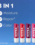 NIVEA Lip Care, Fruity Tinted Lip Balm Variety Pack, Cherry, Strawberry, Blackberry and Watermelon Flavors, 3-in-1 Moisture, Repair and Color, 0.17 Oz Stick, Pack of 4