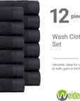 100% Cotton Washcloths Set 13” x 13” | Black Towels | Set of 12 Ultra Soft and Highly Absorbent Washcloths Sets for Bathroom, Gym, Spa | Machine Washable Face Towel