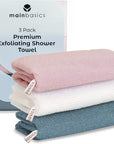 MainBasics Exfoliating Shower Towel - Japanese Nylon Bath Towel and Body Washcloth, Quick-Dry, Durable, Deep Exfoliation (Set of 3, Airy Blossom)