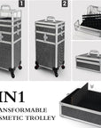 4 in 1 Rolling Makeup Train Case Professional Cosmetic Trolley Cart Travel Nail Cart Organizer with Wheels Transparent Acrylic Panel for Makeup Hair Stylists Nail Tech (Black Crystal)