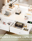 Haewon Makeup Vanity Desk with Mirror, Lights and Charging Station, White Vanity with 3 Lighting Modes, Dressing Table Set with 4 Drawers and Storage Chair for Bedroom