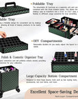 5 in 1 Rolling Makeup Train Case on Wheels Large Cosmetic Organizer Travel Cart for Women Beauty Salon Barber Hairstylist Green