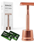Safety Razor for Women, Men's Single Blade Razor with a Razor Stand with 10 Blades, Double Edge Razor with a Texture Handle, Metal Razor Women, Fits All Double Edge Razor Blades (Rose Gold)