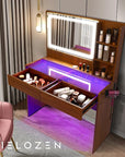 Vanity Desk with Mirror and Lights, Transparent Desktop, Makeup Vanity Table with Multiple Color Ambient Lights, Dressing Table with Charging Station and 2 Drawers, for Bedroom, Peach