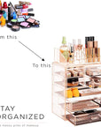 Sorbus Acrylic Makeup Organizer Set, 7-Drawer Vanity & Countertop Cosmetic Storage with Small & Wide Compartments, Pink Makeup Storage for Brushes, Jewelry – Holiday Gift for Women & Teens