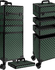 5 in 1 Rolling Makeup Train Case on Wheels Large Cosmetic Organizer Travel Cart for Women Beauty Salon Barber Hairstylist Green