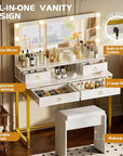 COMHOMA Makeup Vanity Desk with Mirror and Lights, Vanity Table and Chair Set with 4 Drawers and Charging Station, Bedroom Dresser Mirror& Adjustable 3 Color Modes, Storage Shelf, 32In White and Gold