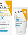 CeraVe Hydrating Sheer Sunscreen SPF 30 for Face and Body | Mineral & Chemical Sunscreen with Zinc Oxide, Hyaluronic Acid, Niacinamides and Ceramides| Paraben Free Fragrance Free | 3 Ounces