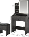 LIKIMIO Small Makeup Vanity Desk with Mirror and Lights, Vanity Table Set with Storage Drawer, Chair and Three Shelves, Bedroom, Charcoal Grey