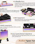 Profesional Rolling Makeup Train Case with Lid, 5 in 1 Cosmetology Case on Wheels, Large Cosmetic Trolley Organizer Travel for Hairstylist Artist Nail Beauty Salon Barber, Colorful