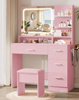 Makeup Vanity Desk Set, 35.4" Wx15.7”Dx53.9“H, Pink (Smart LED Mirror, with Cushion Stool, Hairdryer Rack, Power-Outlet, 4 Drawers, Open Shelves)