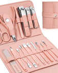 Manicure Set Professional Nail Clippers Pedicure Kit, 16 pcs Stainless Steel Nail Care Tools Grooming Kit with Luxurious Travel Leather Case for Thick Nails Men Women Gift (Pink)