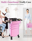 Profesional Rolling Makeup Train Case with Lid, 5 in 1 Cosmetology Case on Wheels, Large Cosmetic Trolley Organizer Travel for Hairstylist Artist Nail Beauty Salon Barber, Pink