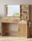 YITAHOME Large Makeup Vanity Desk with Mirror and Lights, Fluted Vanity Table with 2 Drawers & Adjustable Shelves, Makeup Mirror in 3 Modes Lighting, Dressing Table Set w/Charging Station, Oak