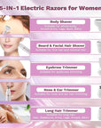 Electric Razors Shavers for Women, Bikini Trimmer 5 in 1 Electric Shaver Razor for Women, Wet/Dry Face Razors for Face Nose Eyebrow Arms Armpit Legs Pubic Area Painless Facial Hair Removal for Women