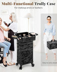 Profesional Rolling Makeup Train Case with Lid, 5 in 1 Cosmetology Case on Wheels, Large Cosmetic Trolley Organizer Travel for Hairstylist Artist Nail Beauty Salon Barber, Black Ink