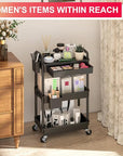 Goovilla 3 Tier Rolling Utility Cart Organizer with Removable Drawer, Stable and Sturdy Black Rolling Storage Carts with 2 Lockable Wheels for Bathroom, Kitchen, Snack, Craft, Makeup, Baby Essentials
