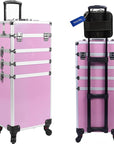 5 in 1 Professional Makeup Train Case Aluminum Cosmetic Case Rolling Makeup Case ExtraLarge Storage Organizer with Key Swivel Wheels Salon Barber Case for Make Up Nail Hairstylists, Pink