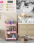 Goovilla Rolling Makeup Organizer Cart with Removable Drawer, 3 Tier Stable Pink Floor Skincare Storage Cart for Vanity, Cosmetic Display, Nail Polish, Perfume, Hair Stuff, Beauty, Bathroom(Plastic)