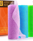 UJFQBH 3 Pieces African Bath Sponge African Net Long Net Bath Sponge Exfoliating Shower Body Scrubber Back Scrubber Skin Smoother,Great for Daily Use (Pale Purple, Blue, Green)