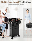 AROUS 5 in 1 Rolling Makeup Train Case Cosmetology Case on Wheels Large Cosmetic Organizer Travel Cart for Hairstylist Artist Nail Beauty Salon Barber,Black