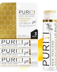 PURITI Manuka Honey Lip Balm – 3pack Soothing & Moisturizing, Enriched with Almond, Jojoba, Macadamia Oils, Cocoa Butter, Hydrating for Dry & Chapped Lips, 100% Genuine New Zealand Manuka Honey
