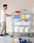 Finnhomy 4 Tier Heavy Duty Commercial Grade Rolling Cart with Handle Bar, Metal Wire Utility Cart with Wheels, Service Trolley on Wheels, Shelf Size 18" D x 30" W, NSF Listed, Chrome