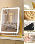 ROLOVE Vanity Mirror with Lights, 18"x22" LED Makeup Mirror with 10X Magnification, Smart Touch 3 Colors Dimmable, Light Up Mirror for Makeup Desk, 360° Rotation, Gold