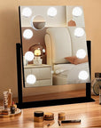 Black Hollywood Vanity Mirror with Lights, 9 Dimmable Bulbs, 3 Color Lights,Make Up Lighted Mirror, 10x Magnification 360°Rotation(12" x 14")