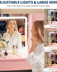 Garvee Makeup Vanity Desk with Lighted Mirror, Dressing Table Set with 4 Drawers, Power Outlet, Storage Stool, Storage Shelves, Vanity Mirror 3 Lighting Color Adjustable, Vanity Set for Bedroom, Pink