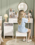 Vanity Desk, Small Vanity Desk with Power Outlet, Makeup Desk with Drawers and Cabinets, Vanity Set with Storage Shelves for Bedroom, No Mirror, White