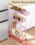 KINGRACK 4-Tier Slim Storage Cart, Metal Rolling Cart, Organizer with Wooden Tabletop and Drawer Basket, Mobile Shelving Unit for Kitchen, Bathroom, Laundry Room, Pink