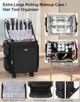 Relavel Rolling Makeup Case, 4 in 1 Hairstylist Traveling Bag with Clear Makeup Brush Case, Cosmetology Case on Wheels Large Hair Tools Cosmetics Train Case Makeup Artist Storage Organizer Trolley