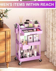 Goovilla 3 Tier Rolling Utility Cart Organizer with Removable Drawer, Stable and Sturdy Purple Rolling Storage Carts with 2 Lockable Wheels for Bathroom, Kitchen, Snack, Craft, Makeup, Baby Essentials