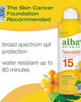 Alba Botanica Sunscreen Spray for Face and Body, Broad Spectrum SPF 15 Sunscreen, Hawaiian Coconut, Water Resistant and Biodegradable, 5 fl. oz. Bottle